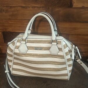 Kate Spade Catherine Street Pippa Striped Satchel Handbag in Tan and White